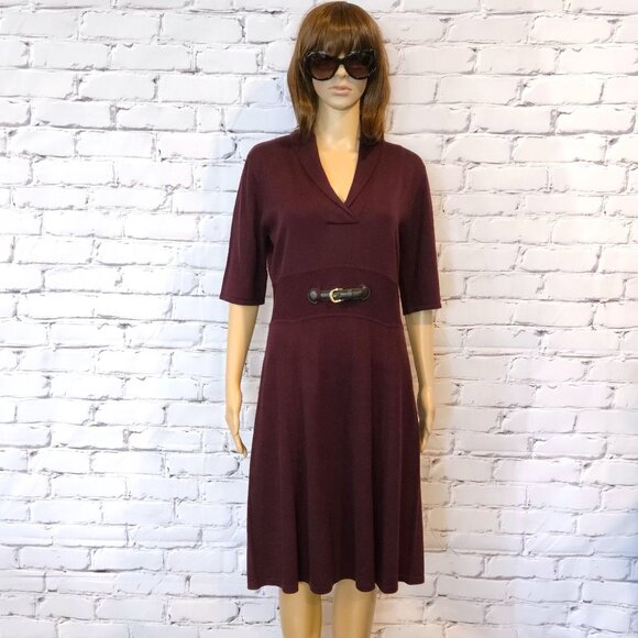 CALVIN KLEIN, v-neck maroon knit dress with front buckle detail - Picture 3 of 9